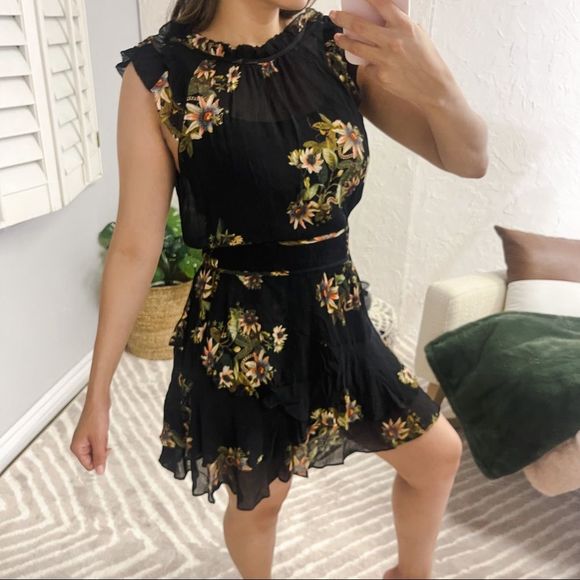 All Saints Dresses & Skirts - All Saints Caylan Avifauna Dress Black Floral Short Sheer Ruffle Collar Logo